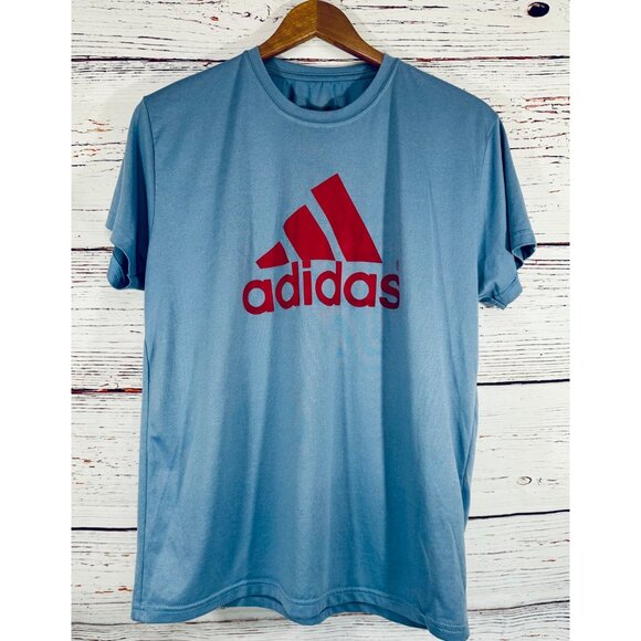 Adidas Mens Light Blue T-Shirt With Red Logo Design Short Sleeves Lightweight & - Picture 7 of 10